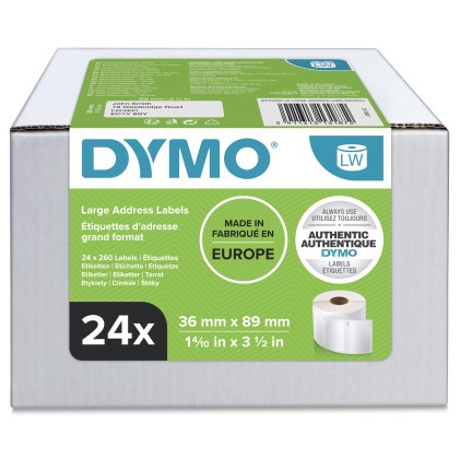 Dymo LabelWriter 13187 Confezione multipla da 24 rotoli di etichette autoadesive originali - Consigliate per indirizzi - Dimensioni 36x89 mm - 500 etichette per rotolo - Bianche - S0722390