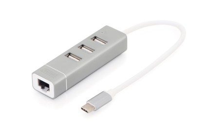Hub Con 3 Porte Usb 2.0 Tipo &#34;A&#34; E 1 Porta Rete Rj45&#34;, Connettore Maschio Tipo &#34;C&#34;