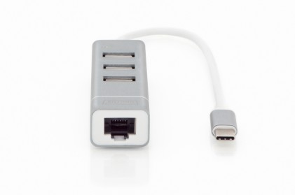 Hub Con 3 Porte Usb 2.0 Tipo &#34;A&#34; E 1 Porta Rete Rj45&#34;, Connettore Maschio Tipo &#34;C&#34;