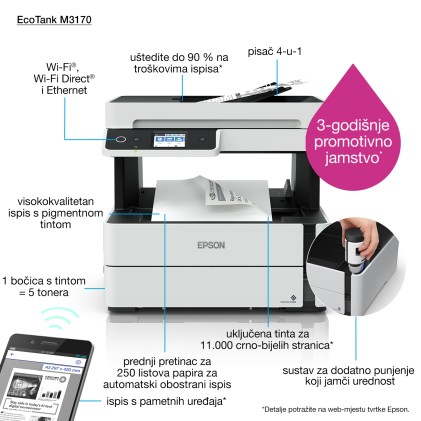 Epson Multif. Ink A4 B/N, Ecotank Et-M3170 20Ppm, Fronte/Retro, Usb/Lan/Wifi, 4In1