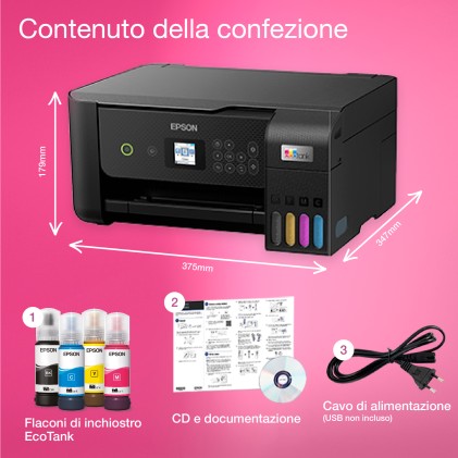 Epson Multif. Ink A4 Colore, Ecotank Et-2820 10Ppm, Fronte/Retro, Usb/Wifi, 3In1