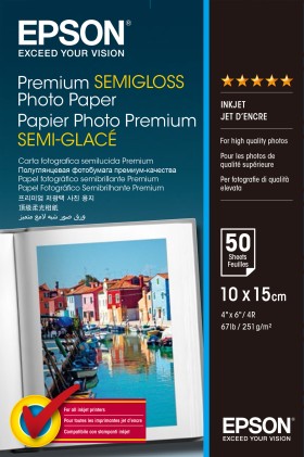 ORIGINALE Epson Carta Bianco C13S041765 Premium Semigloss 50 Blatt carta fotografica, 10 x 15 cm, 251 g/mІ, 50 pagine, stylus premium semigloss