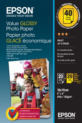 ORIGINALE Epson Carta Bianco C13S400044 Value Glossy Photo Papier Value Glossy carta fotografica, 10 x 15 cm, 183g/mІ, 2 x 20 fogli, brillante