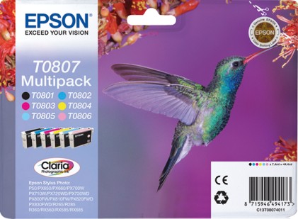 ORIGINALE Epson Multipack nero / ciano / magenta / giallo / ciano (chiaro) / magenta (chiaro) C13T08074011 T0807 6 cartucce inchiostro T0801 + T0806