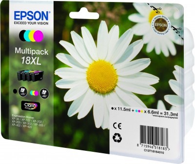 ORIGINALE Epson Multipack nero / ciano / magenta / giallo C13T18164012 18 XL 4 cartucce d'inchiostro XL: T1811 + T1812 + T1813 + T1814