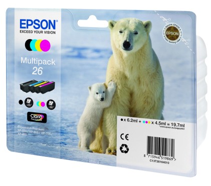 ORIGINALE Epson Multipack nero / ciano / magenta / giallo C13T26164010 26 4 cartucce d'inchiostro: T2601 + T2612 + T2613 + T2614