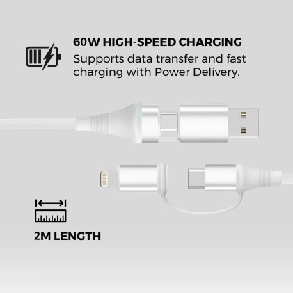 Ewent EC1076 cavo USB USB 2.0 2 m USB A/USB C USB C/Lightning 0,48 Gbit/s 60 W Bianco