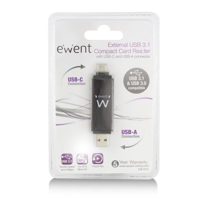 Ewent EW1075 lettore di schede USB 3.2 Gen 1 (3.1 Gen 1) Type-A/Type-C Nero