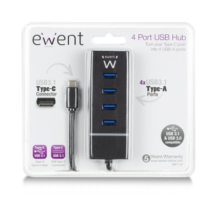 Ewent EW1137 hub di interfaccia USB 3.2 Gen 1 (3.1 Gen 1) Type-C 5000 Mbit/s Nero