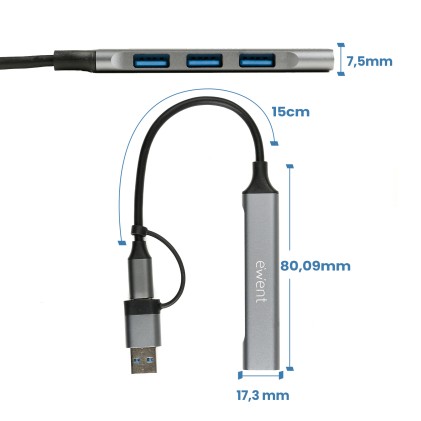 Ewent EW1154 hub di interfaccia USB 3.2 Gen 1 (3.1 Gen 1) Type-A + Type-C Grigio