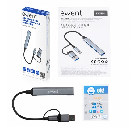 Ewent EW1154 hub di interfaccia USB 3.2 Gen 1 (3.1 Gen 1) Type-A + Type-C Grigio