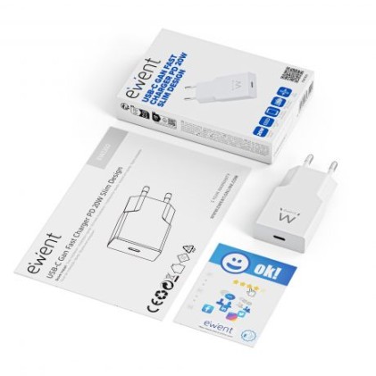Ewent Caricabatterie rapido GaN Fast USB-C PD da 20W Slim Design