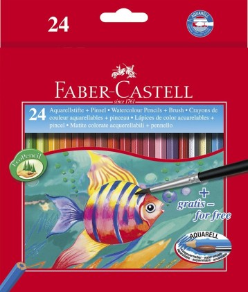 Faber-Castell Matite acquerello colorate classiche Confezione da 24 matite colorate acquerello esagonali + pennello - Resistenza alla rottura - Colori assortiti