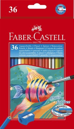 Faber-Castell Matite acquerello colorate classiche Confezione da 36 matite colorate acquerello esagonali + pennello - Resistenza alla rottura - Colori assortiti
