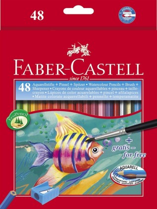 Faber-Castell Matite acquerello colorate classiche Confezione da 48 matite colorate acquerello esagonali + pennello - Resistenza alla rottura - Colori assortiti