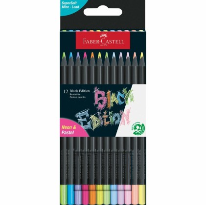 Faber-Castell Black Edition Confezione da 12 matite colorate neon+pastello - Mina super morbida - Legno nero - Ideale per disegnare su carta chiara, scura e colorata - Colori assortiti