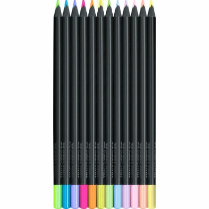 Faber-Castell Black Edition Confezione da 12 matite colorate neon+pastello - Mina super morbida - Legno nero - Ideale per disegnare su carta chiara, scura e colorata - Colori assortiti