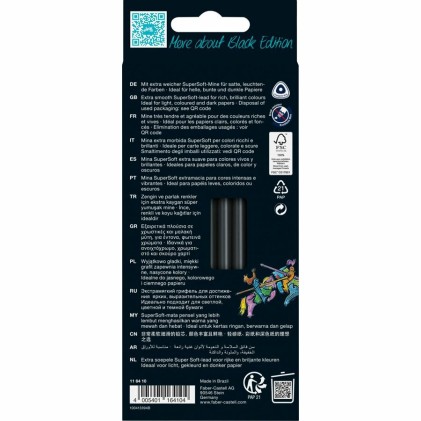 Faber-Castell Black Edition Confezione da 12 matite colorate neon+pastello - Mina super morbida - Legno nero - Ideale per disegnare su carta chiara, scura e colorata - Colori assortiti