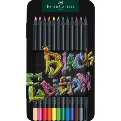 Faber-Castell Black Edition Scatola in Metallo da 12 Matite Colorate - Mina Super Morbida - Legno Nero - Ideale per Disegnare su Carta Chiara, Scura e Colorata - Colori Assortiti