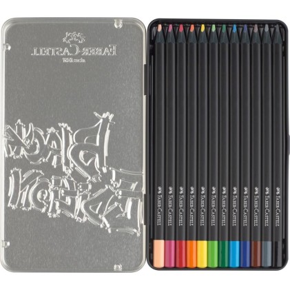 Faber-Castell Black Edition Scatola in Metallo da 12 Matite Colorate - Mina Super Morbida - Legno Nero - Ideale per Disegnare su Carta Chiara, Scura e Colorata - Colori Assortiti