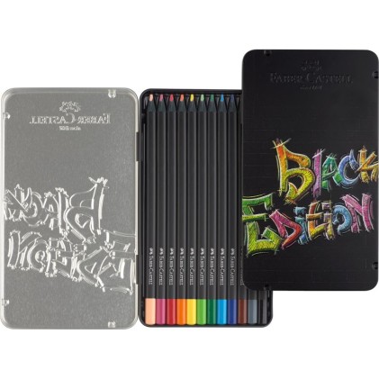 Faber-Castell Black Edition Scatola in Metallo da 12 Matite Colorate - Mina Super Morbida - Legno Nero - Ideale per Disegnare su Carta Chiara, Scura e Colorata - Colori Assortiti