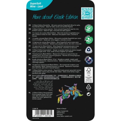 Faber-Castell Black Edition Scatola in Metallo da 12 Matite Colorate - Mina Super Morbida - Legno Nero - Ideale per Disegnare su Carta Chiara, Scura e Colorata - Colori Assortiti