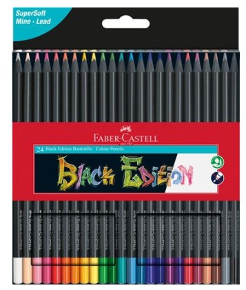 Faber-Castell Black Edition Confezione da 24 matite colorate - Mina super morbida - Legno nero - Ideale per disegnare su carta chiara, scura e colorata - Colori assortiti