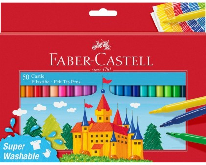 Faber-Castell Castle Confezione da 50 pennarelli - Inchiostro lavabile a base d'acqua - Colori assortiti