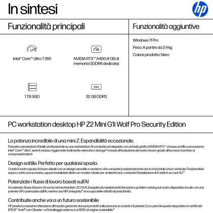 Hp Wks Dm Z2 Mini G1I Ultra 7 265 32Gb 1T Ssd Rtx A400 4Gb Win 11 Pro