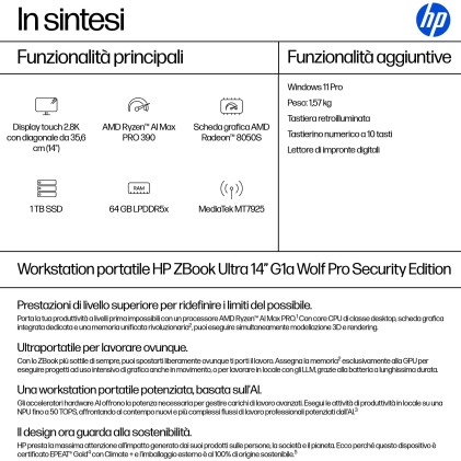 Hp Nb Wks Zbook Ultra G1A Ryzen Ai Max Pro 390 12C 64Gb 1Tb Ssd 14 Touch  Amd Radeon 8050S Integrat