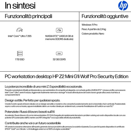 Hp Wks Dm Z2 Mini G1I Workstation Ai Ultra 7 265 32Gb 1T Ssd Rtx A400 4Gb Win 11 Pro