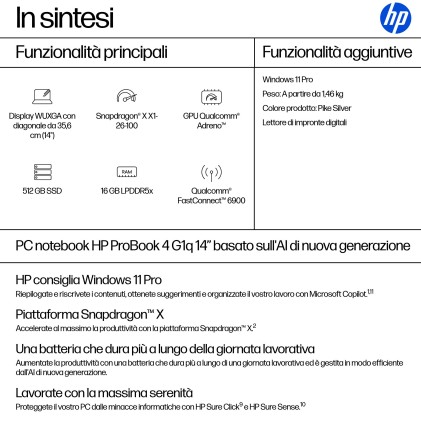 Hp Nb Probook 4 G1Q 14 Ngai Snapdragon X1-26-100 16Gb 512Gb 14 Ag Wuxga Finger Print Win 11 Pro 3Y