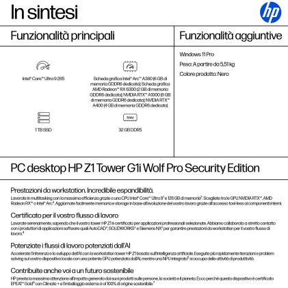 Hp Wks Z1 G1I Tower Workstation Ai Ultra 9 285 32Gb 1T Ssd Win 11 Pro