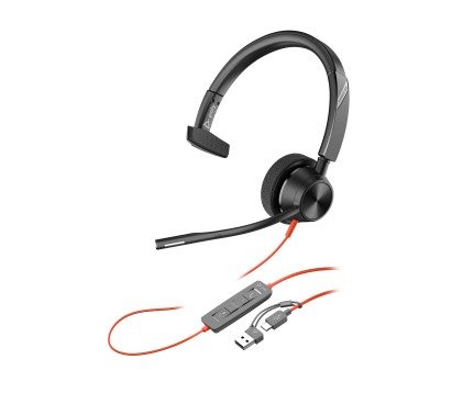 Blackwire 3310 USB-C Cuffie monoaurali Poly Blackwire 3310 con connettore USB-C, certificate per Microsoft Teams + adattatore USB-C/A
