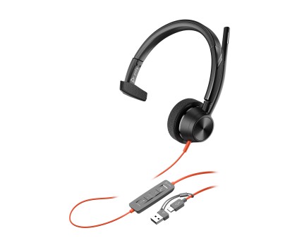 Blackwire 3310 USB-C Cuffie monoaurali Poly Blackwire 3310 con connettore USB-C, certificate per Microsoft Teams + adattatore USB-C/A