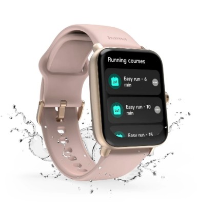 Smartwatch Hama 6010 - Bluetooth 5.3 - Batteria da 350 mAh - Schermo TFT da 1,65" - IP68 - Resistente all'acqua fino a 3 ATM - Cinturino in silicone - GPS integrato - 3,6 x 1,3 x 4,9 cm - Rosa pallido