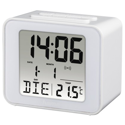 Radiosveglia Hama Cube - Termometro - Display digitale - Funzione snooze - Fuso orario regolabile - 7x4x6 cm - Bianca