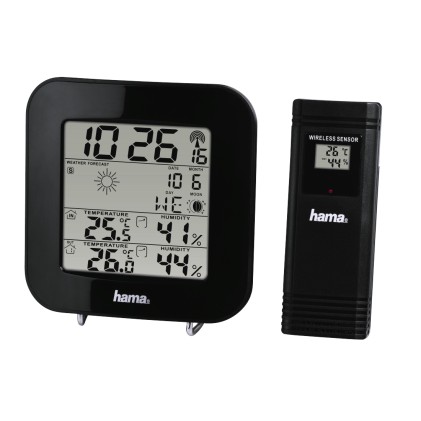 Stazione meteorologica Hama Ews-200 - Orologio - Previsioni del tempo - Sensore esterno - Radiofrequenza - Termometro - Igrometro - 11x2,5x11 cm - Colore nero