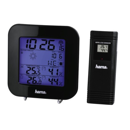 Stazione meteorologica Hama Ews-200 - Orologio - Previsioni del tempo - Sensore esterno - Radiofrequenza - Termometro - Igrometro - 11x2,5x11 cm - Colore nero