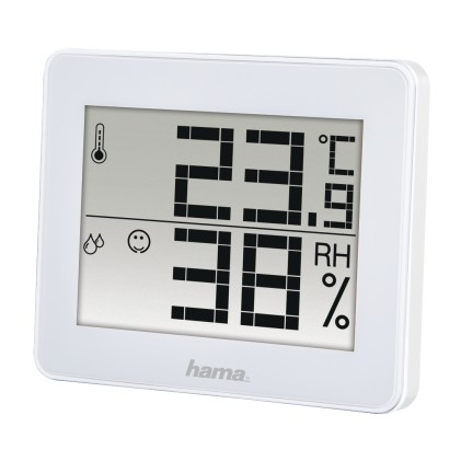 Misuratore di temperatura e umidit&agrave; interna Hama - Display digitale - Memoria dati - Indicatore di comfort - Montabile a parete - 10x1,1x8,2 ​​cm - Bianco