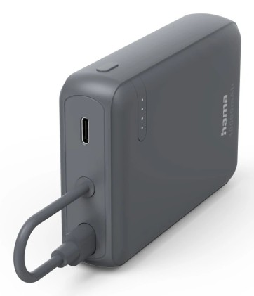 Hama Travel Bateria Externa Powerbank 10000mAh - Polimero de Litio - USB-C - Cable Integrado - Carga Rapida - 2 Conexiones de Salida - 23.5x90x63.2mm - Color Gris