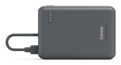 Hama Travel Bateria Externa Powerbank 10000mAh - Polimero de Litio - USB-C - Cable Integrado - Carga Rapida - 2 Conexiones de Salida - 23.5x90x63.2mm - Color Gris