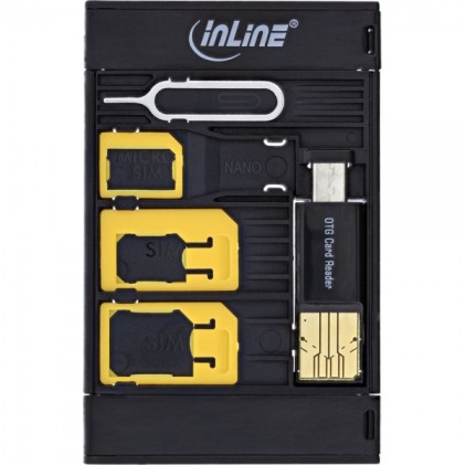 InLine SIM-BOX, contenitore stoccaggio trasporto moduli SIM, adattatori SD, Removal-Pin, OTG USB Card Reader