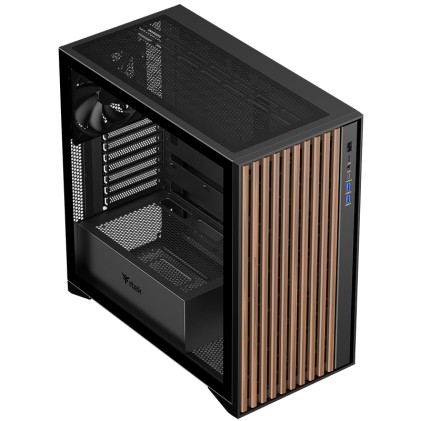 Itek Case Woody, Gaming Tower, Atx, 3X12Cm Black Fan, 2Xusb3, Type-C,  Wood Front, Temp Glass Side P