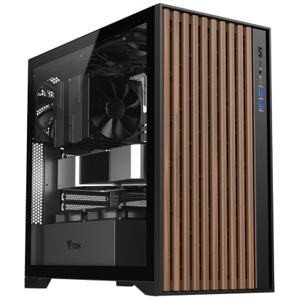 Itek Case Woody, Gaming Tower, Atx, 3X12Cm Black Fan, 2Xusb3, Type-C,  Wood Front, Temp Glass Side P