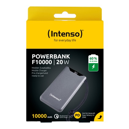 Intenso Power Bank  F10000, Pd, Qualcomm Quick Charge 3.0, Digital Percentage Display, Grigio