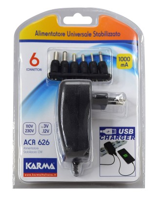 Alimentatore Universale Karma 12W 1000Ma Stabilizzato Con Usb Acr 626