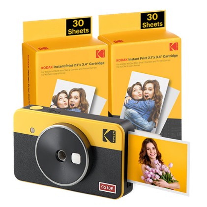 Pacchetto fotocamera digitale istantanea Kodak Mini Shot 2 Retro Bluetooth + 60 fogli di carta fotografica 5,3x8,6 cm - Schermo LCD da 1,7" - Flash integrato - Specchio per selfie - Colore giallo/nero