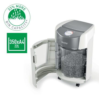 Leitz IQ OptiMax Small Office 350 distruggi documenti Taglio a frammenti 58 dB 22,3 cm Grigio, Bianco