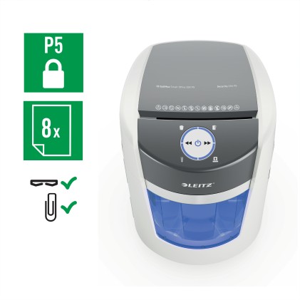 Leitz IQ OptiMax Small Office 350 distruggi documenti Taglio a frammenti 58 dB 22,3 cm Grigio, Bianco